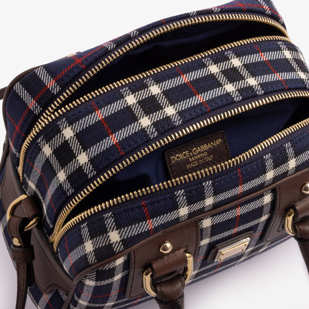 Dolce & Gabbana-Girls Navy Blue Check Wool Handbag (19cm) | Childrensalon