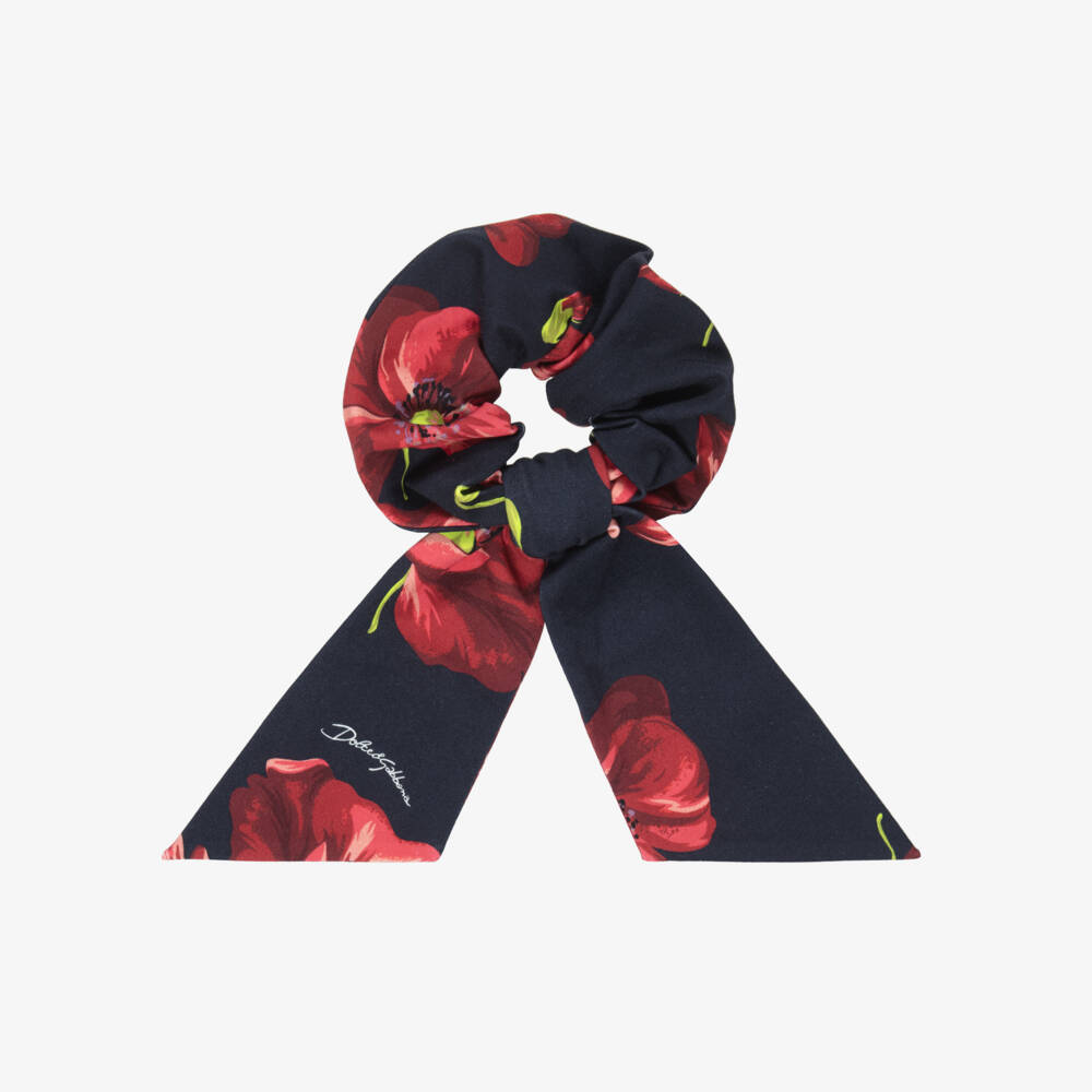 Dolce & Gabbana-Girls Navy Blue Hair Scrunchy with Red Poppy Print | Childrensalon