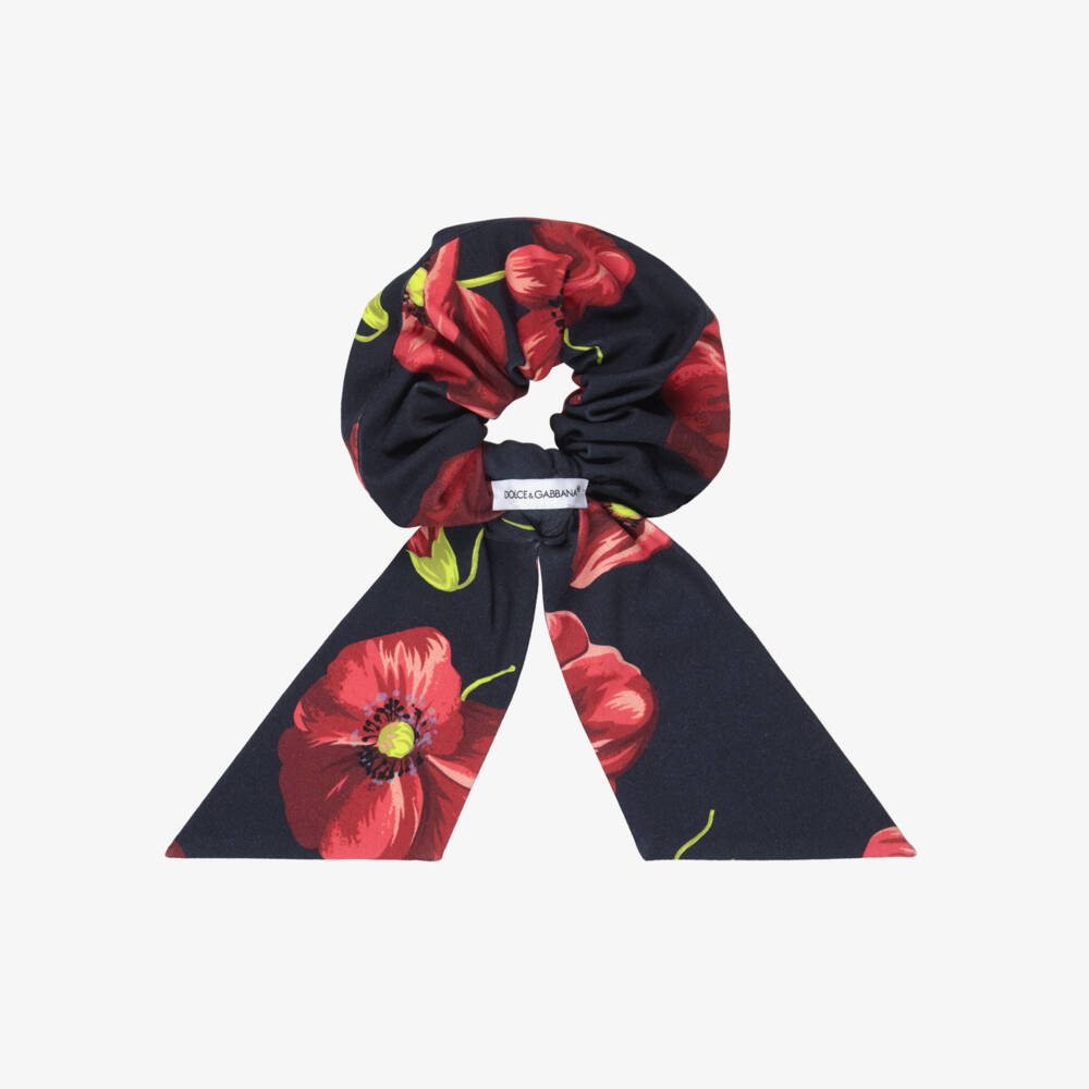 Dolce & Gabbana-Girls Navy Blue Hair Scrunchy with Red Poppy Print | Childrensalon