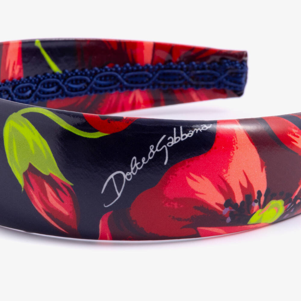 Dolce & Gabbana-Girls Navy Blue Hairband with Red Poppy Print | Childrensalon