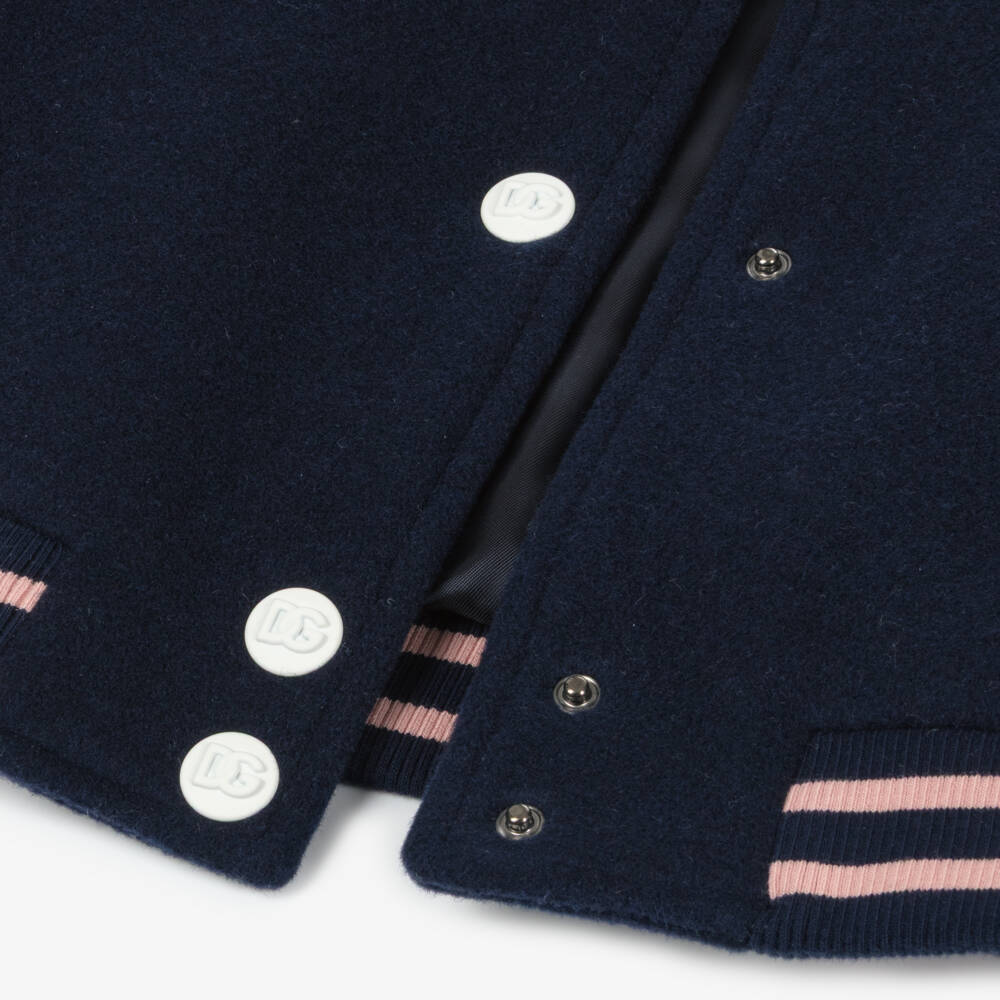 Dolce & Gabbana-Girls Navy Blue & Pink Wool Varsity Jacket with DG Logo | Childrensalon