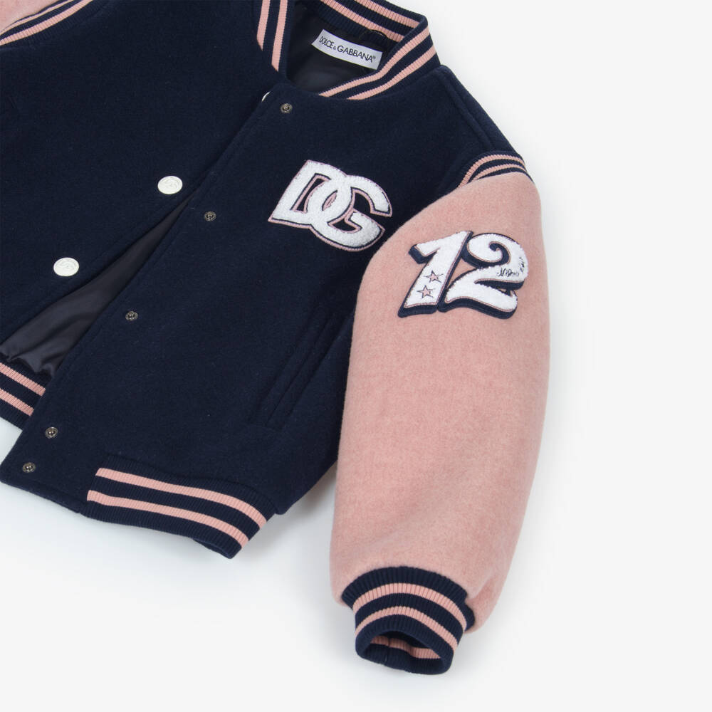 Dolce & Gabbana-Girls Navy Blue & Pink Wool Varsity Jacket with DG Logo | Childrensalon