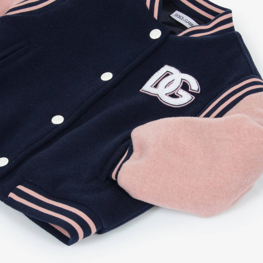 Dolce & Gabbana-Girls Navy Blue & Pink Wool Varsity Jacket with DG Logo | Childrensalon