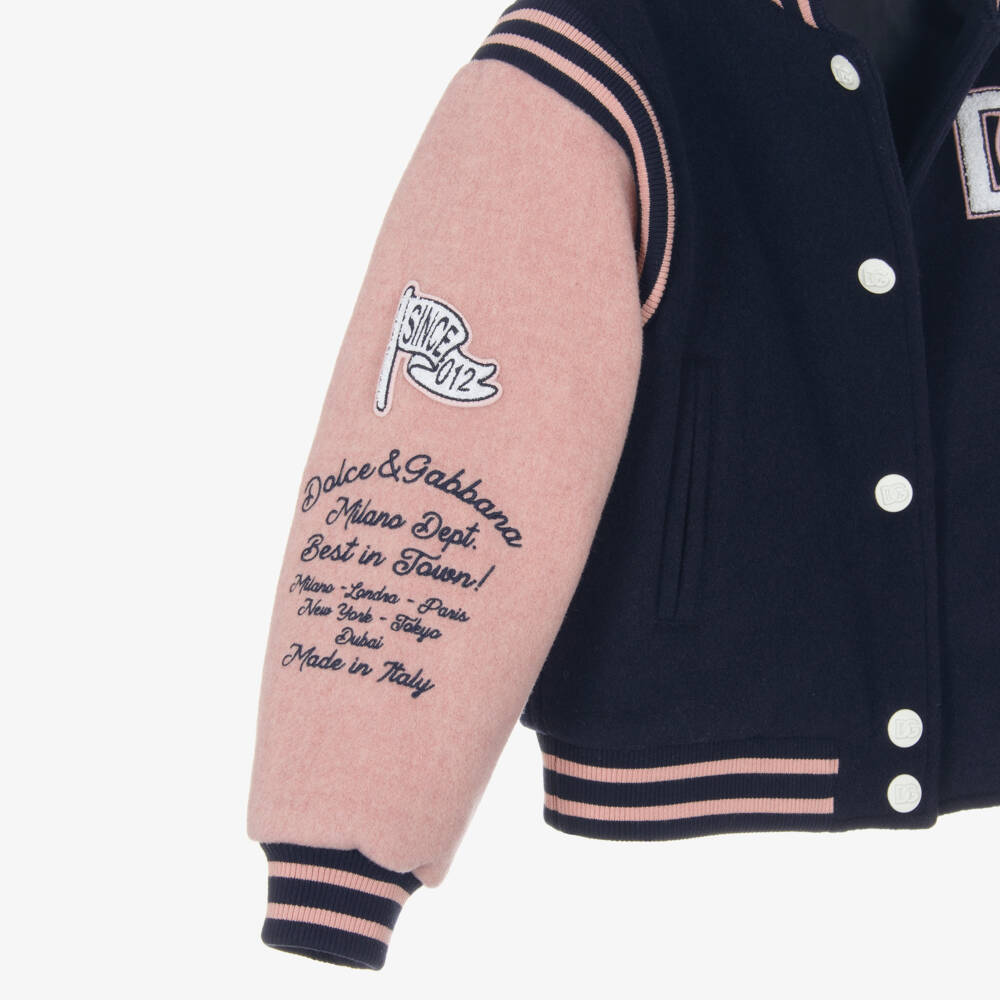 Dolce & Gabbana-Girls Navy Blue & Pink Wool Varsity Jacket with DG Logo | Childrensalon