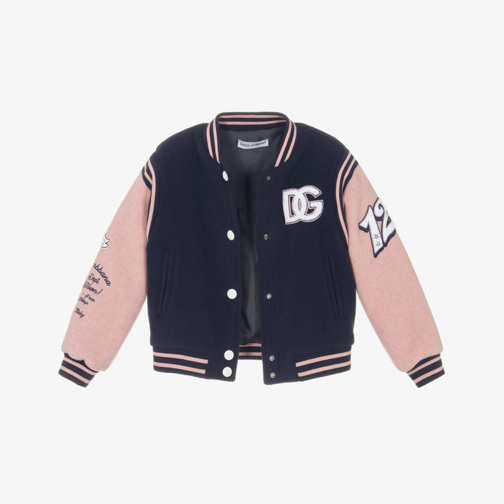 Dolce & Gabbana-Girls Navy Blue & Pink Wool Varsity Jacket with DG Logo | Childrensalon
