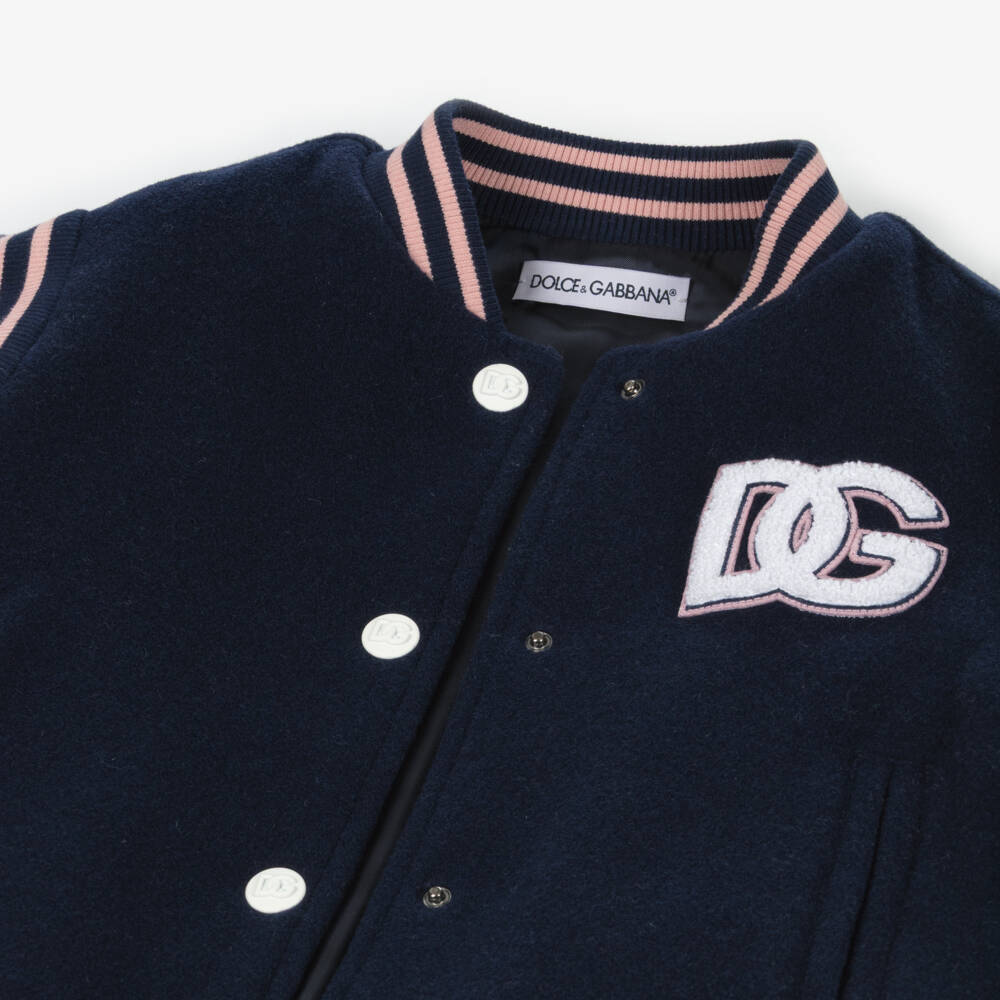 Dolce & Gabbana-Girls Navy Blue & Pink Wool Varsity Jacket with DG Logo | Childrensalon