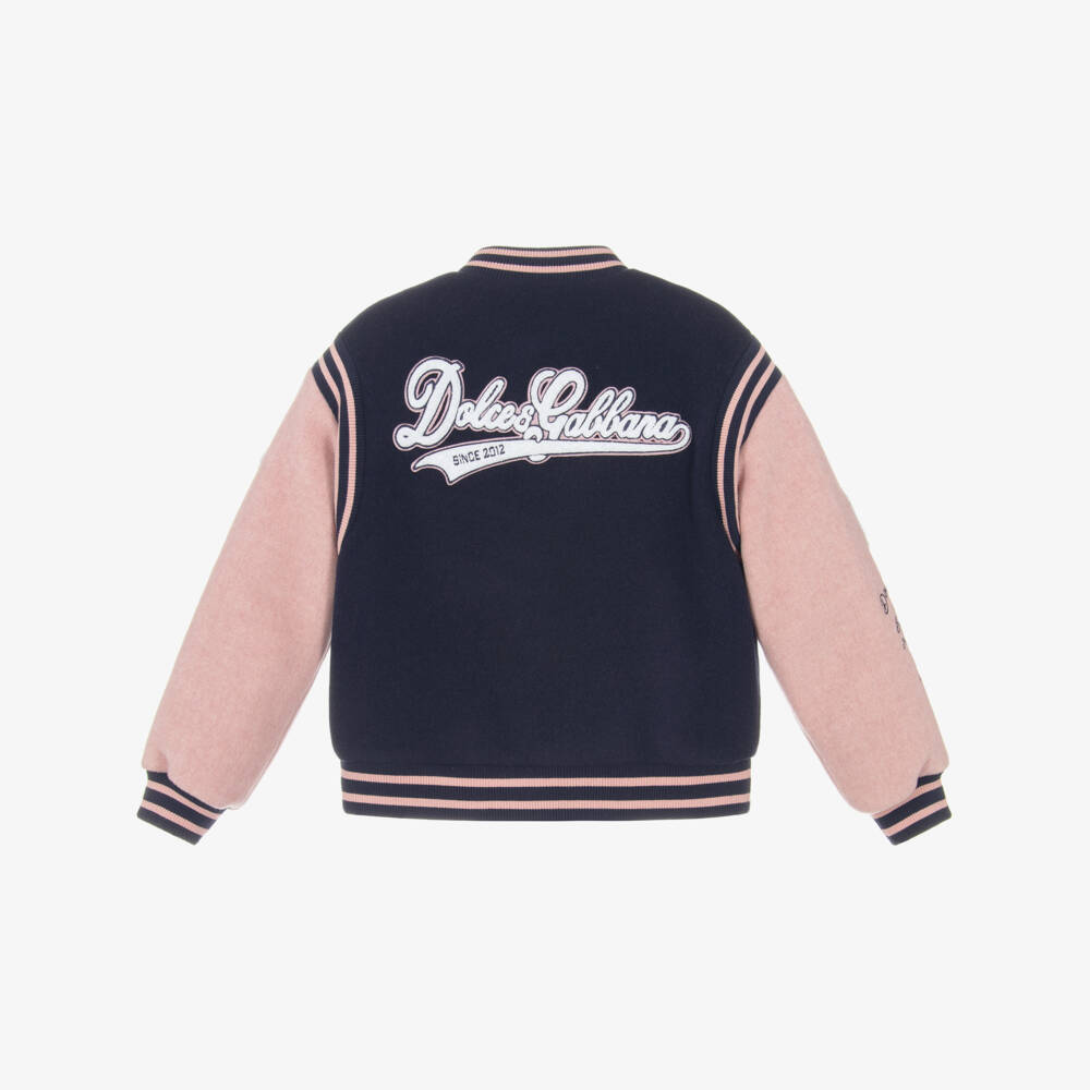 Dolce & Gabbana-Girls Navy Blue & Pink Wool Varsity Jacket with DG Logo | Childrensalon