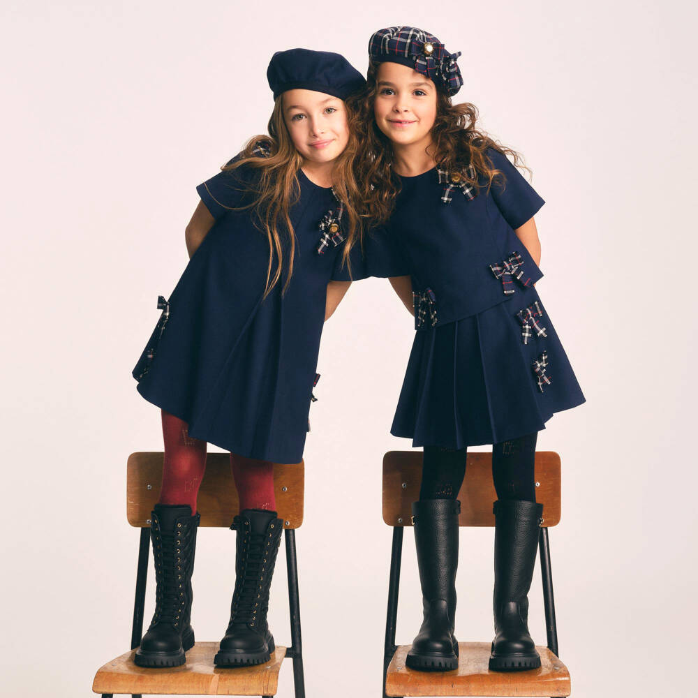 Dolce & Gabbana-Girls Navy Blue Pleated Skirt with Bows | Childrensalon