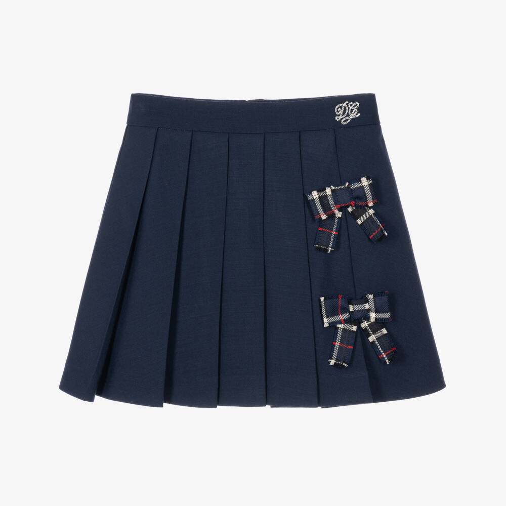 Dolce & Gabbana-Girls Navy Blue Pleated Skirt with Bows | Childrensalon