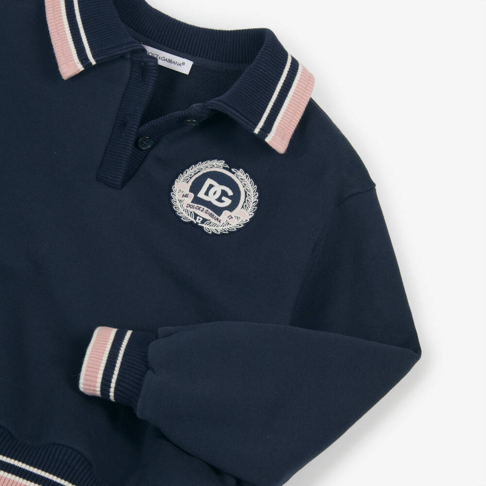 Dolce & Gabbana-Girls Navy Blue Sweatshirt Dress with Crest Logo | Childrensalon