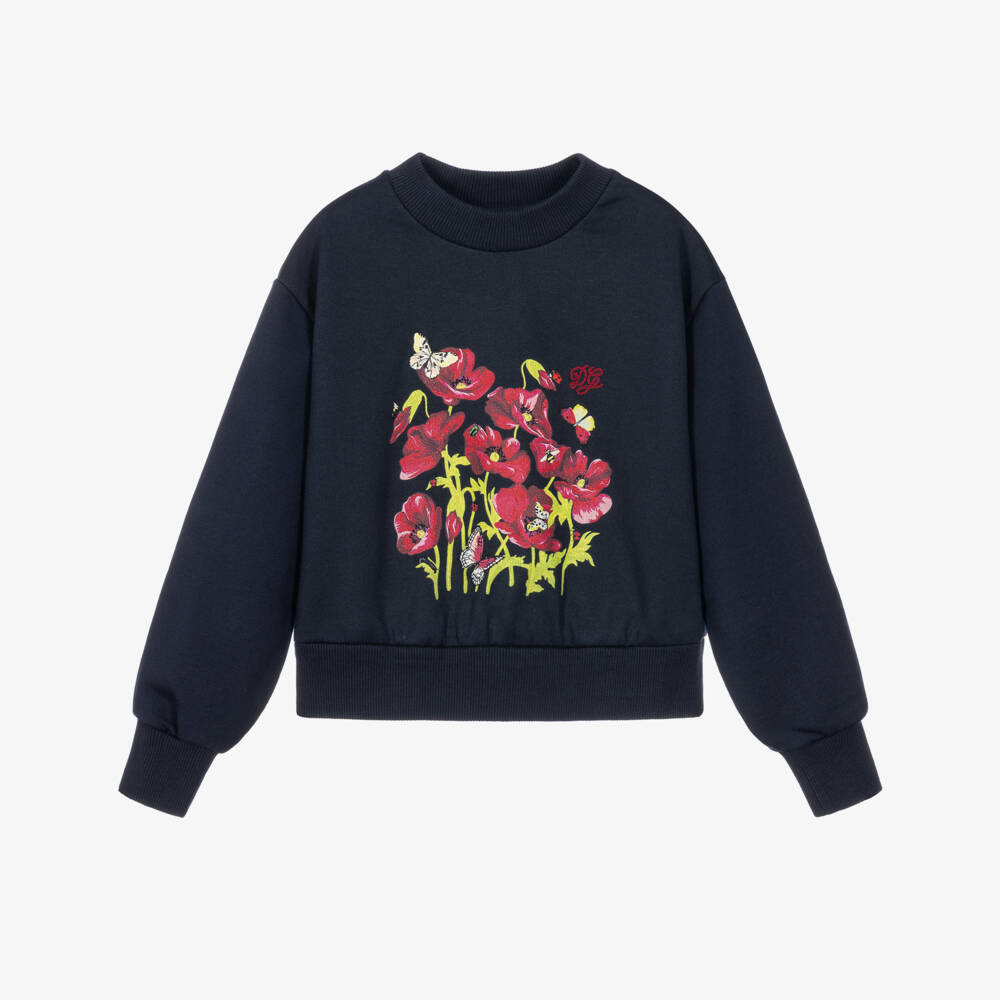 Dolce & Gabbana-Girls Navy Blue Sweatshirt With Poppy Motif | Childrensalon