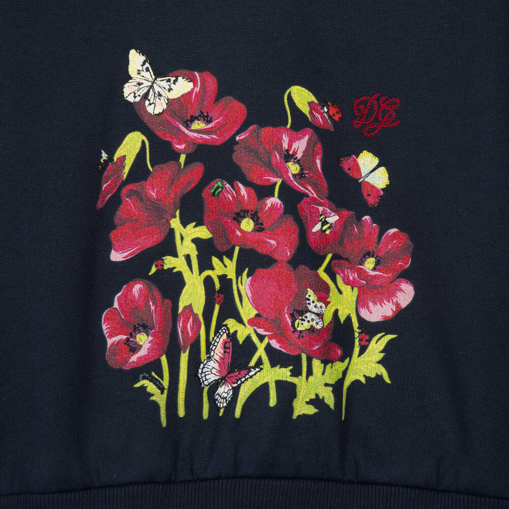 Dolce & Gabbana-Girls Navy Blue Sweatshirt With Poppy Motif | Childrensalon