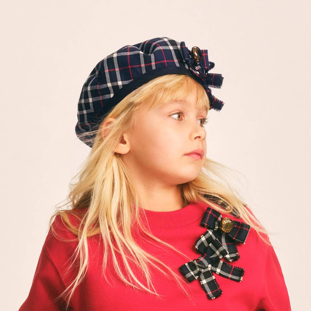 Dolce & Gabbana-Girls Navy Blue Tartan Check Wool Beret | Childrensalon