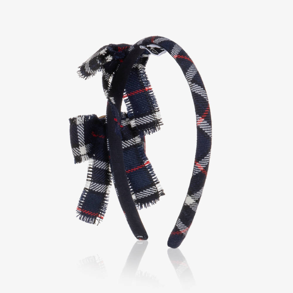 Dolce & Gabbana-Girls Navy Blue Tartan Check Wool Hairband with Bows | Childrensalon