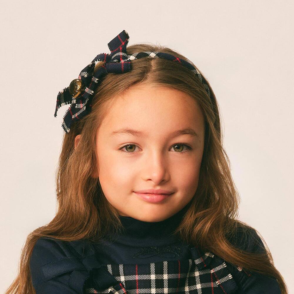 Dolce & Gabbana-Girls Navy Blue Tartan Check Wool Hairband with Bows | Childrensalon