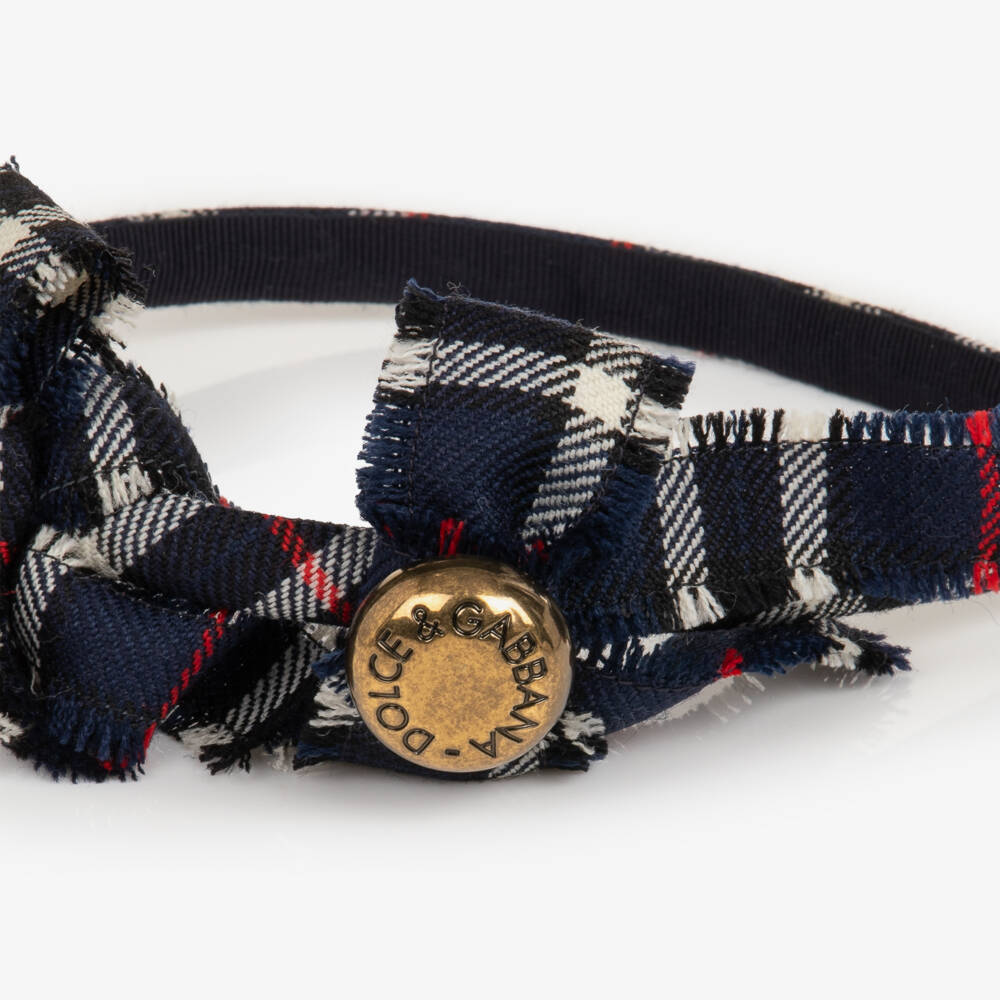 Dolce & Gabbana-Girls Navy Blue Tartan Check Wool Hairband with Bows | Childrensalon