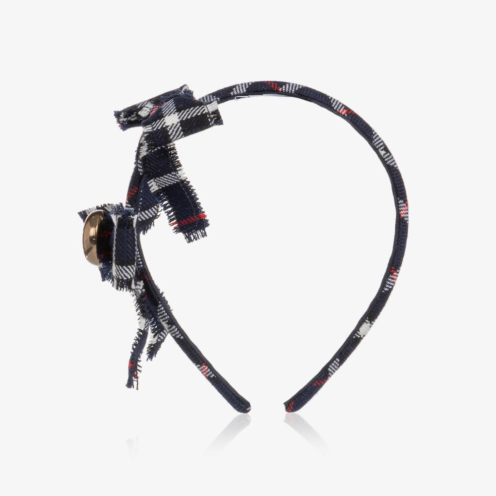 Dolce & Gabbana-Girls Navy Blue Tartan Check Wool Hairband with Bows | Childrensalon