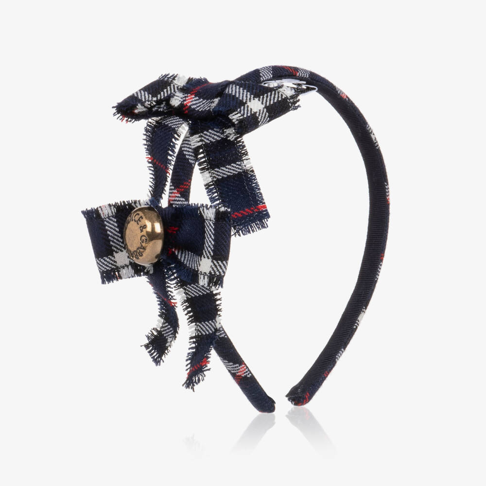 Dolce & Gabbana-Girls Navy Blue Tartan Check Wool Hairband with Bows  | Childrensalon