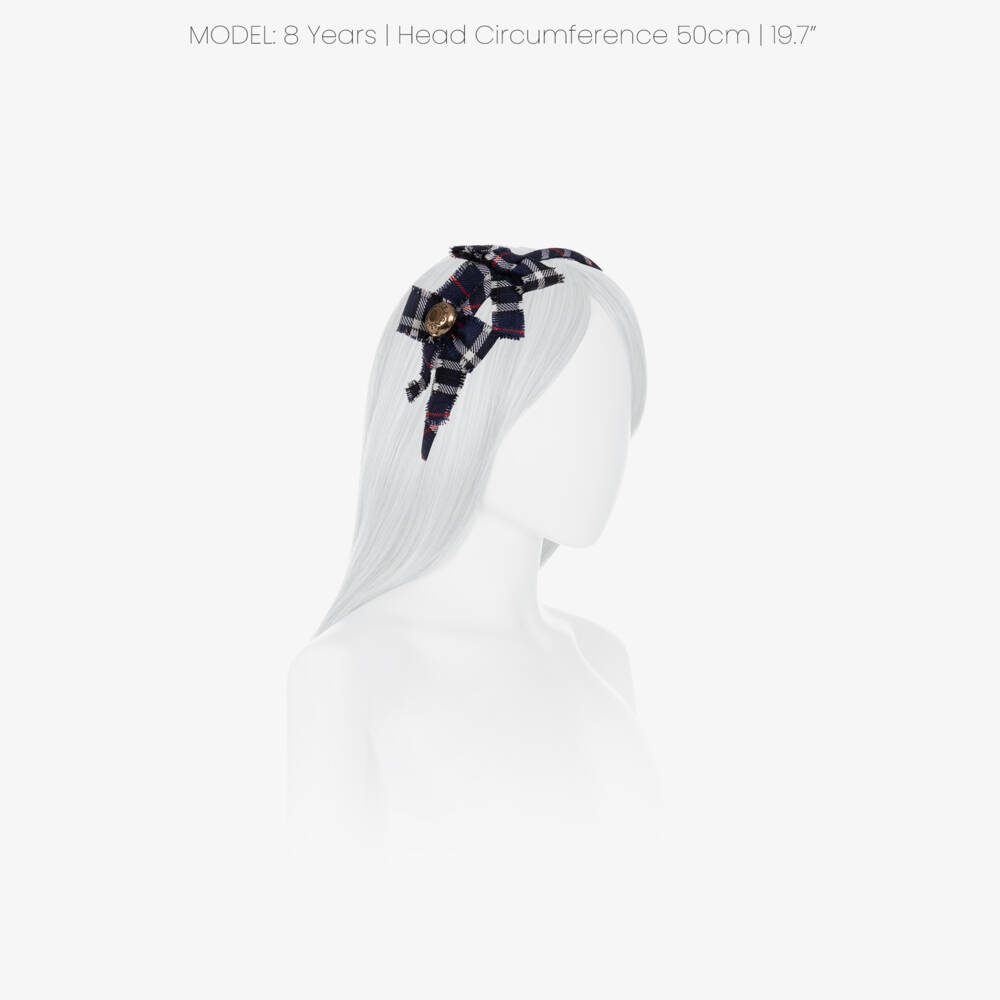 Dolce & Gabbana-Girls Navy Blue Tartan Check Wool Hairband with Bows | Childrensalon