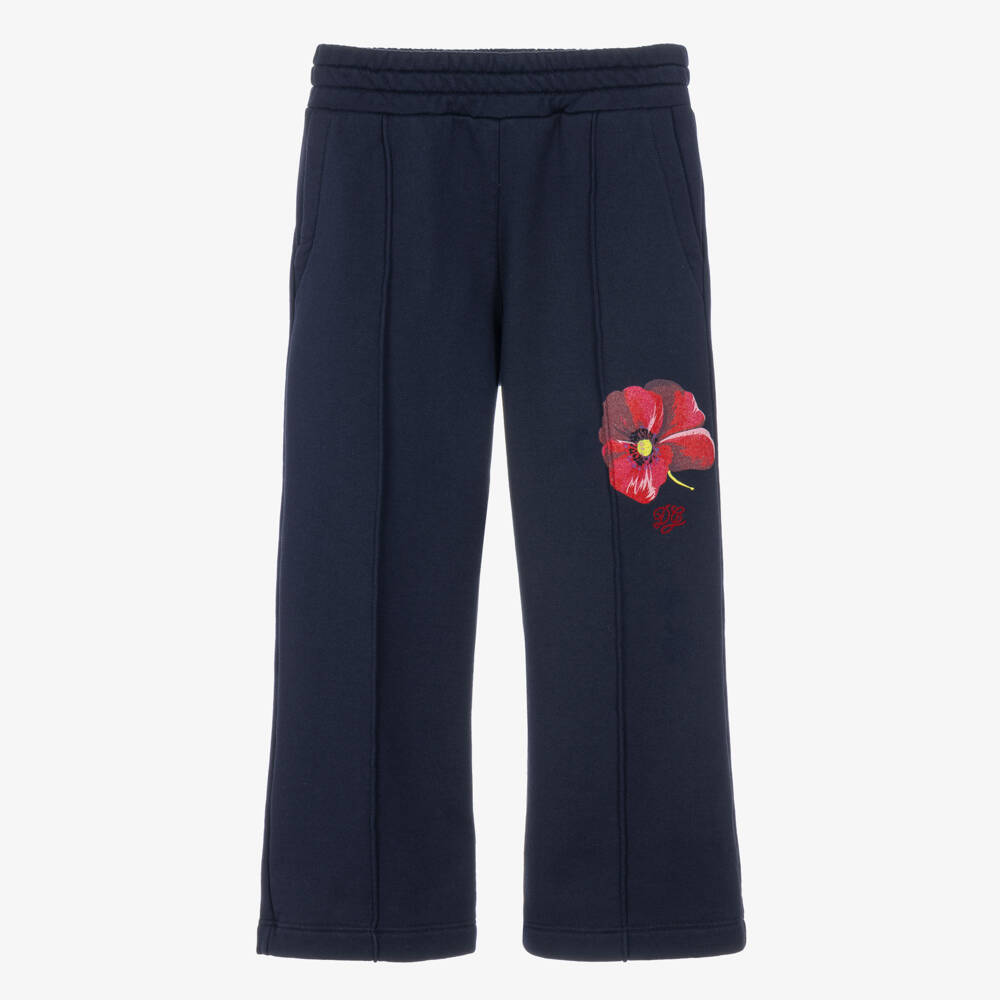 Dolce & Gabbana-Girls Navy Blue Wide Leg Joggers with Poppy Print | Childrensalon