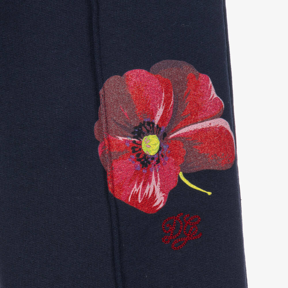 Dolce & Gabbana-Girls Navy Blue Wide Leg Joggers with Poppy Print | Childrensalon