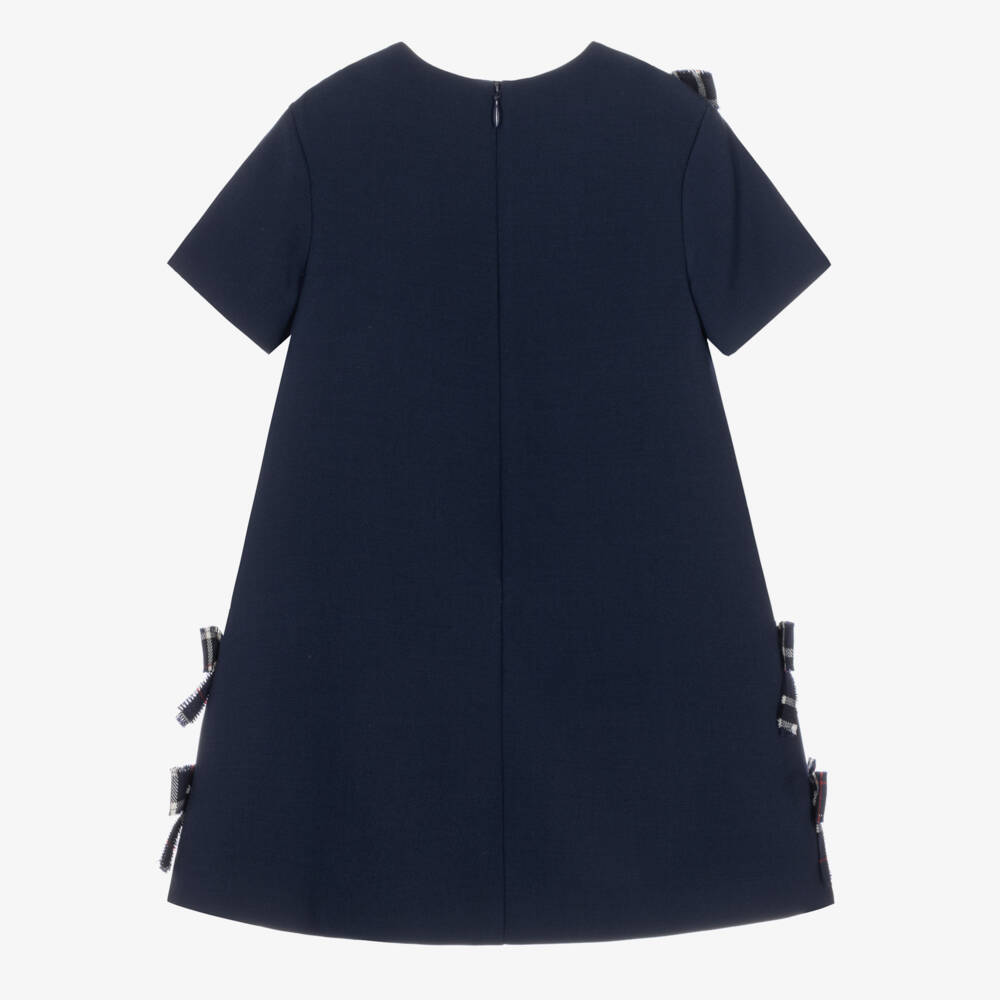 Dolce & Gabbana-Girls Navy Blue Wool Crepe Dress with Bows | Childrensalon