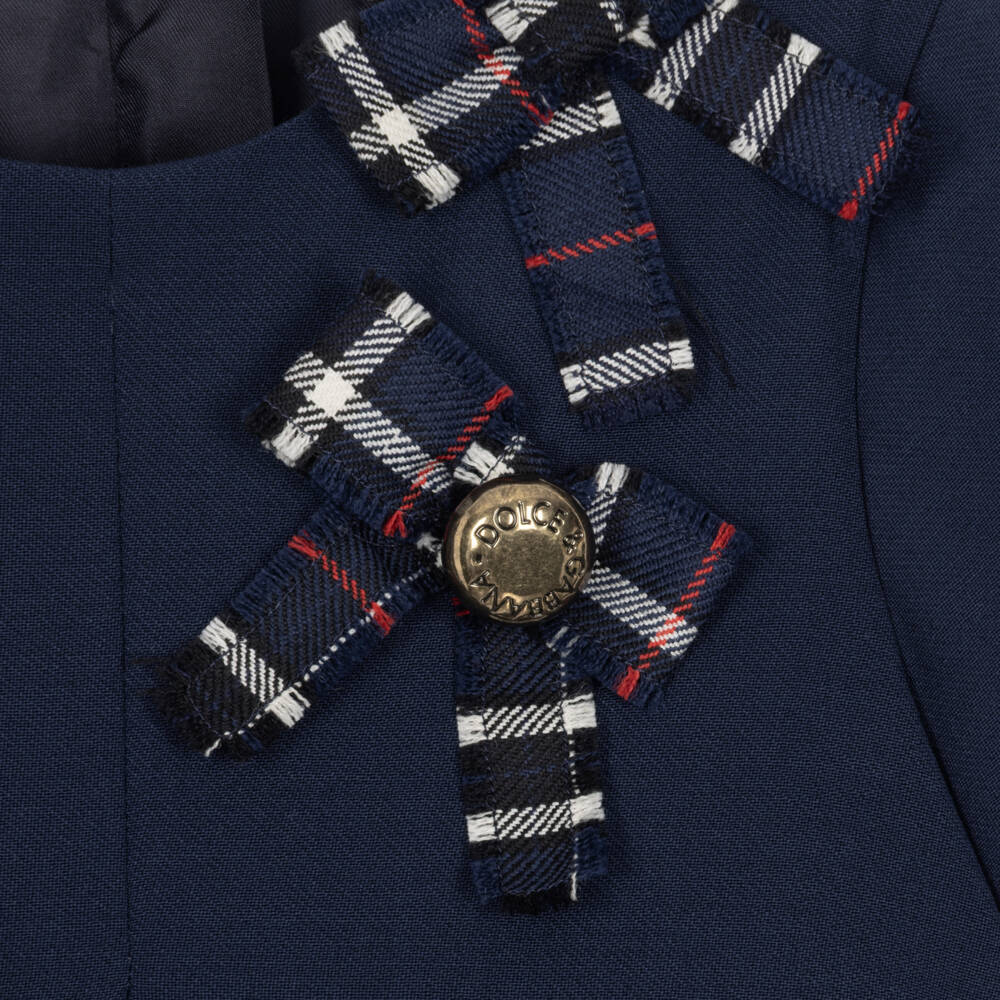 Dolce & Gabbana-Girls Navy Blue Wool Crepe Dress with Bows | Childrensalon