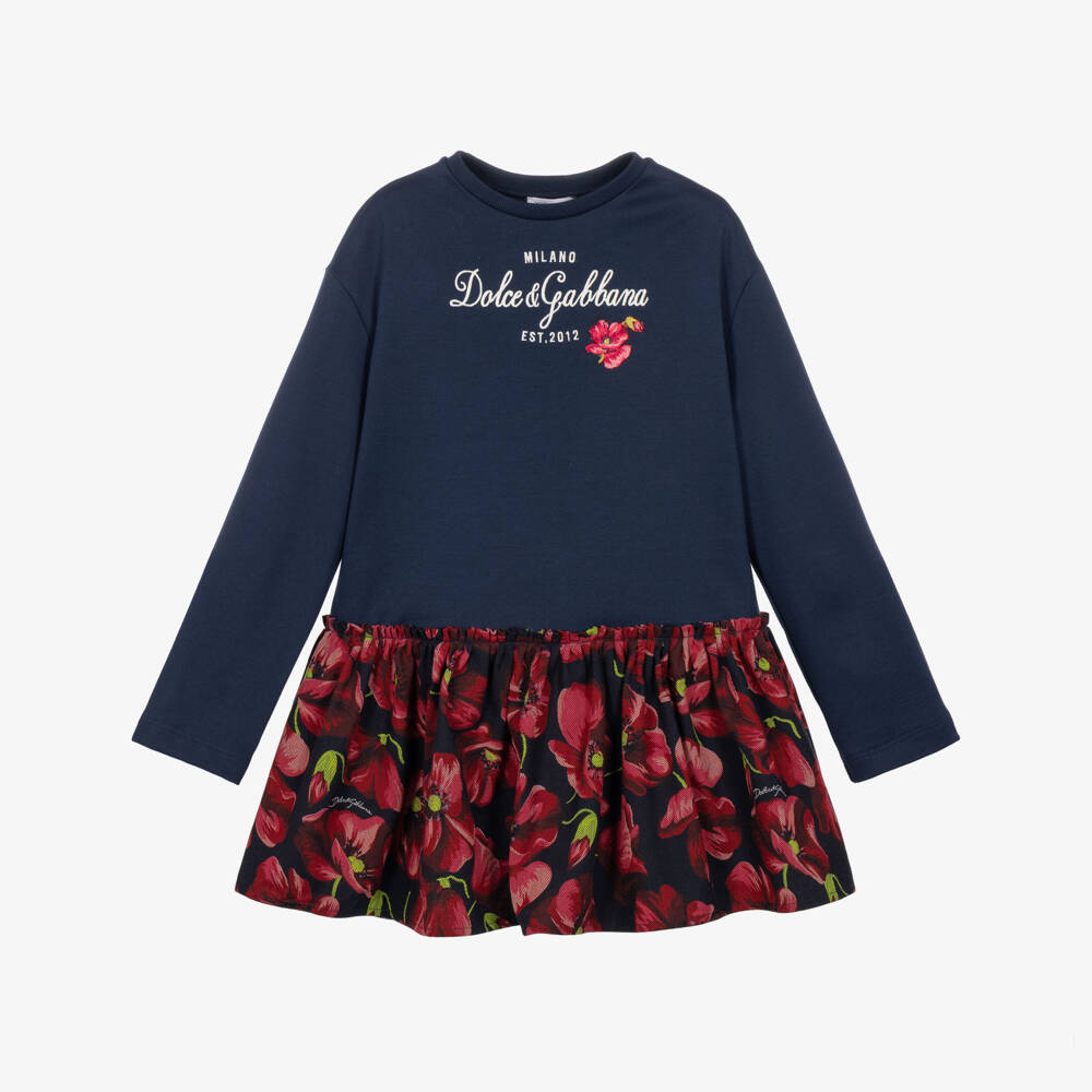 Dolce & Gabbana-Girls Navy & Red Poppy Print Cotton Dress | Childrensalon