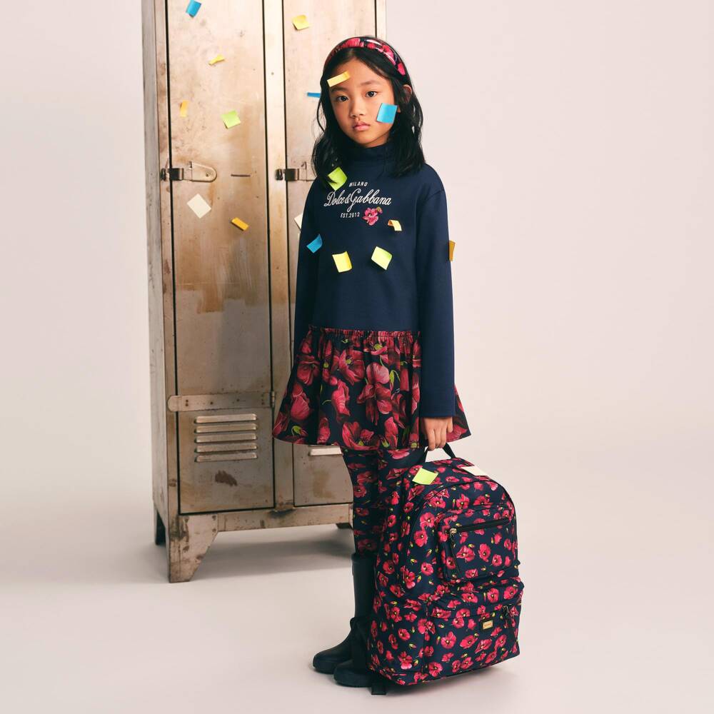 Dolce & Gabbana-Girls Navy & Red Poppy Print Cotton Dress | Childrensalon