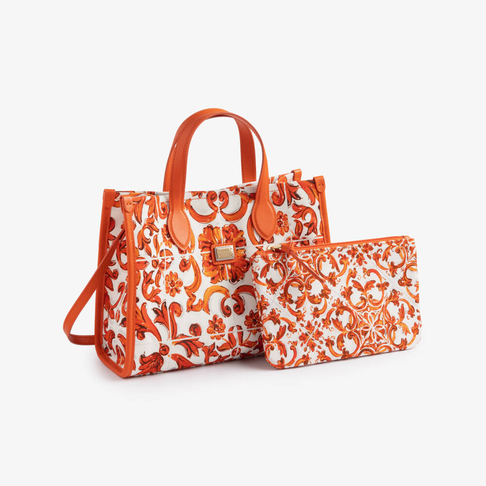 Dolce & Gabbana-Girls Orange Canvas Tote Bag in Majolica Print (25cm) | Childrensalon