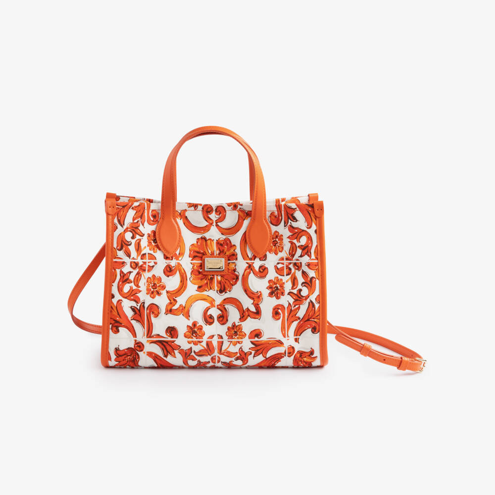 Dolce & Gabbana-Girls Orange Canvas Tote Bag in Majolica Print (25cm) | Childrensalon