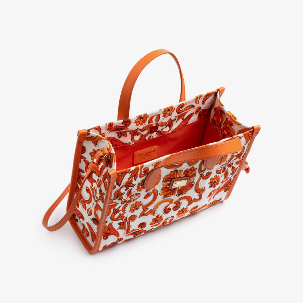 Dolce & Gabbana-Girls Orange Canvas Tote Bag in Majolica Print (25cm) | Childrensalon