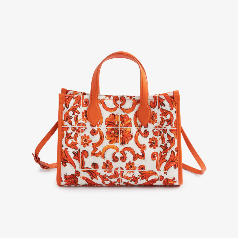 Dolce & Gabbana-Girls Orange Canvas Tote Bag in Majolica Print (25cm) | Childrensalon