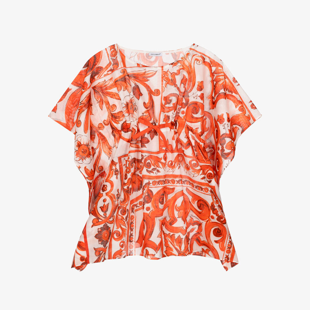 Dolce & Gabbana-Girls Orange Majolica Print Beach Kaftan | Childrensalon