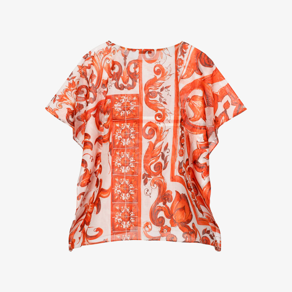 Dolce & Gabbana-Girls Orange Majolica Print Beach Kaftan | Childrensalon