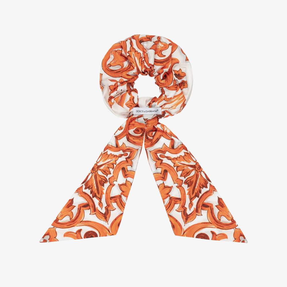 Dolce & Gabbana-Girls Orange Majolica Print Cotton Poplin Scrunchie | Childrensalon