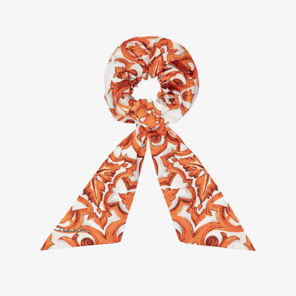 Dolce & Gabbana-Girls Orange Majolica Print Cotton Poplin Scrunchie | Childrensalon