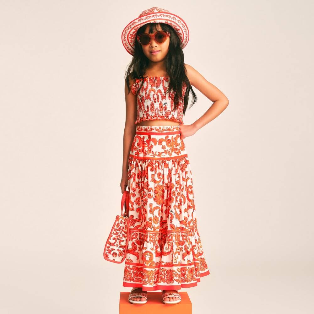 Dolce & Gabbana-Girls Orange Majolica Print Cotton Poplin Skirt | Childrensalon