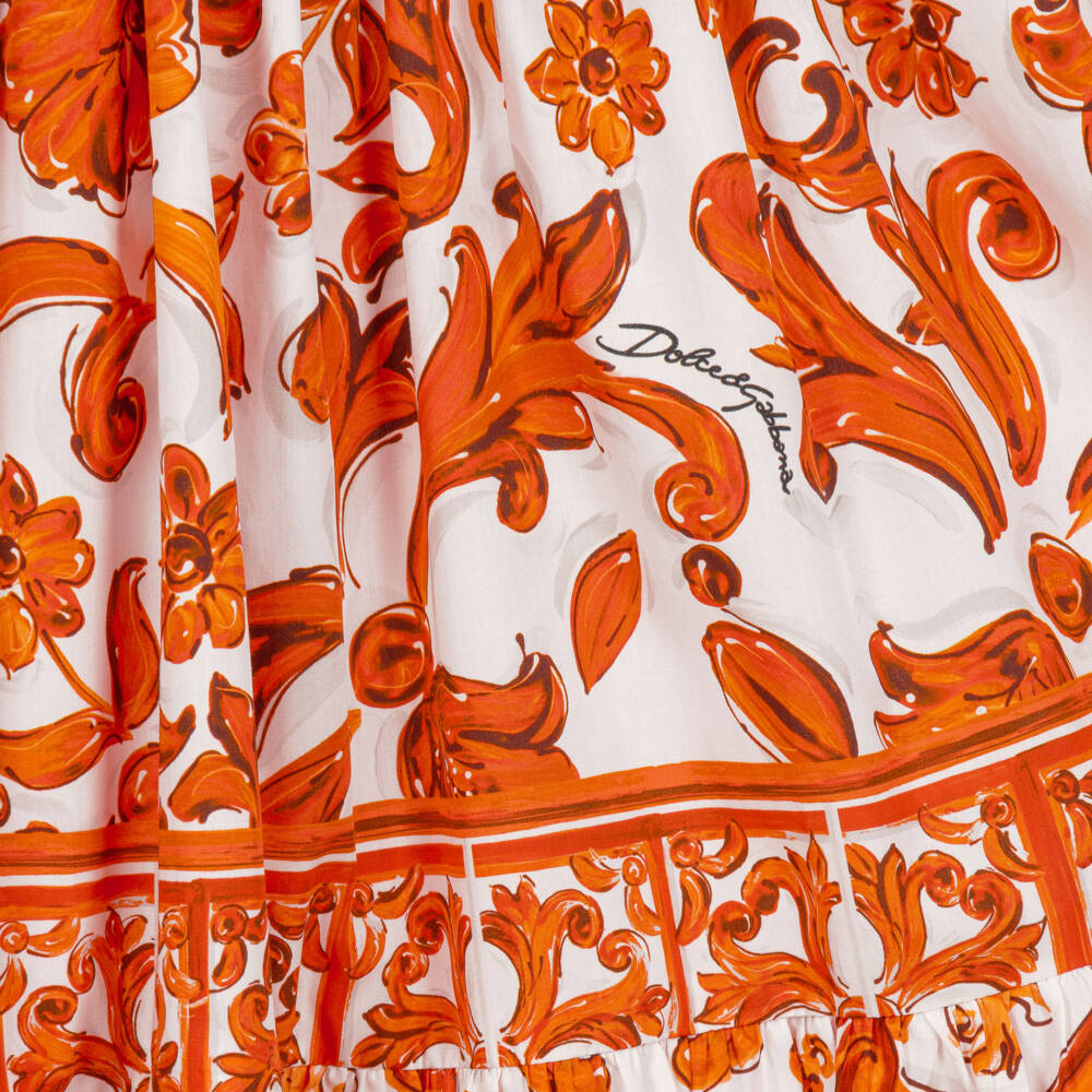 Dolce & Gabbana-Girls Orange Majolica Print Cotton Poplin Skirt | Childrensalon