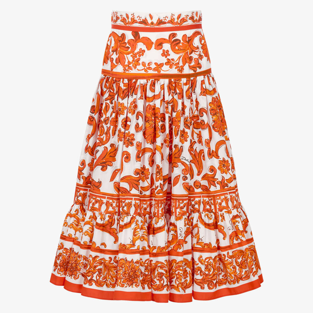 Dolce & Gabbana-Girls Orange Majolica Print Cotton Poplin Skirt | Childrensalon