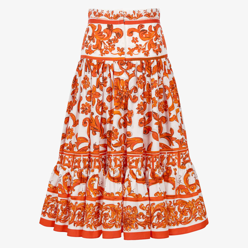 Dolce & Gabbana-Girls Orange Majolica Print Cotton Poplin Skirt | Childrensalon