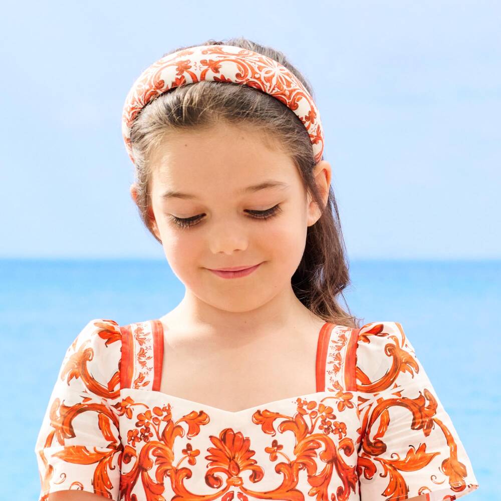 Dolce & Gabbana-Girls Orange Majolica Print Hairband | Childrensalon