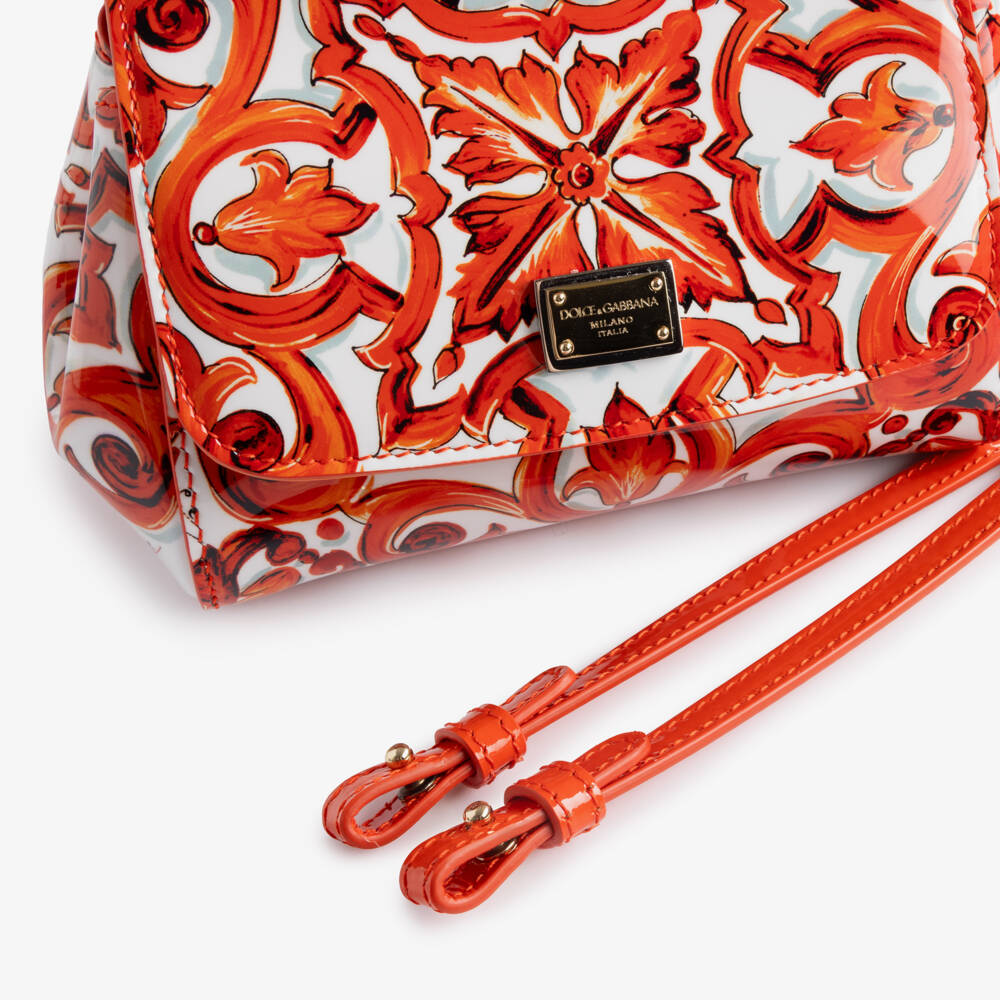 Dolce & Gabbana-Girls Orange Majolica Print Patent Leather Sicily Bag (14cm) | Childrensalon