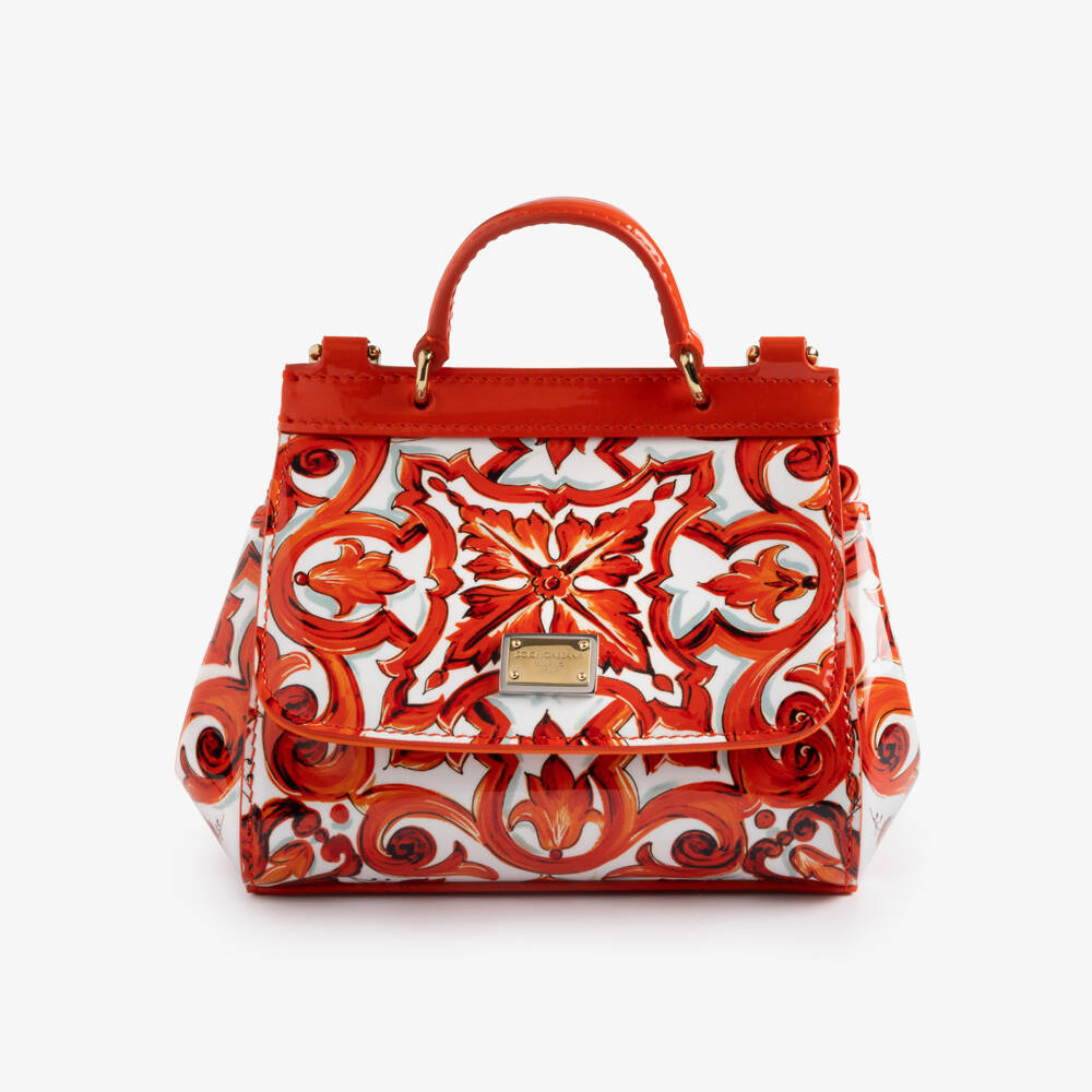 Dolce & Gabbana-Girls Orange Majolica Print Patent Leather Sicily Bag (14cm) | Childrensalon