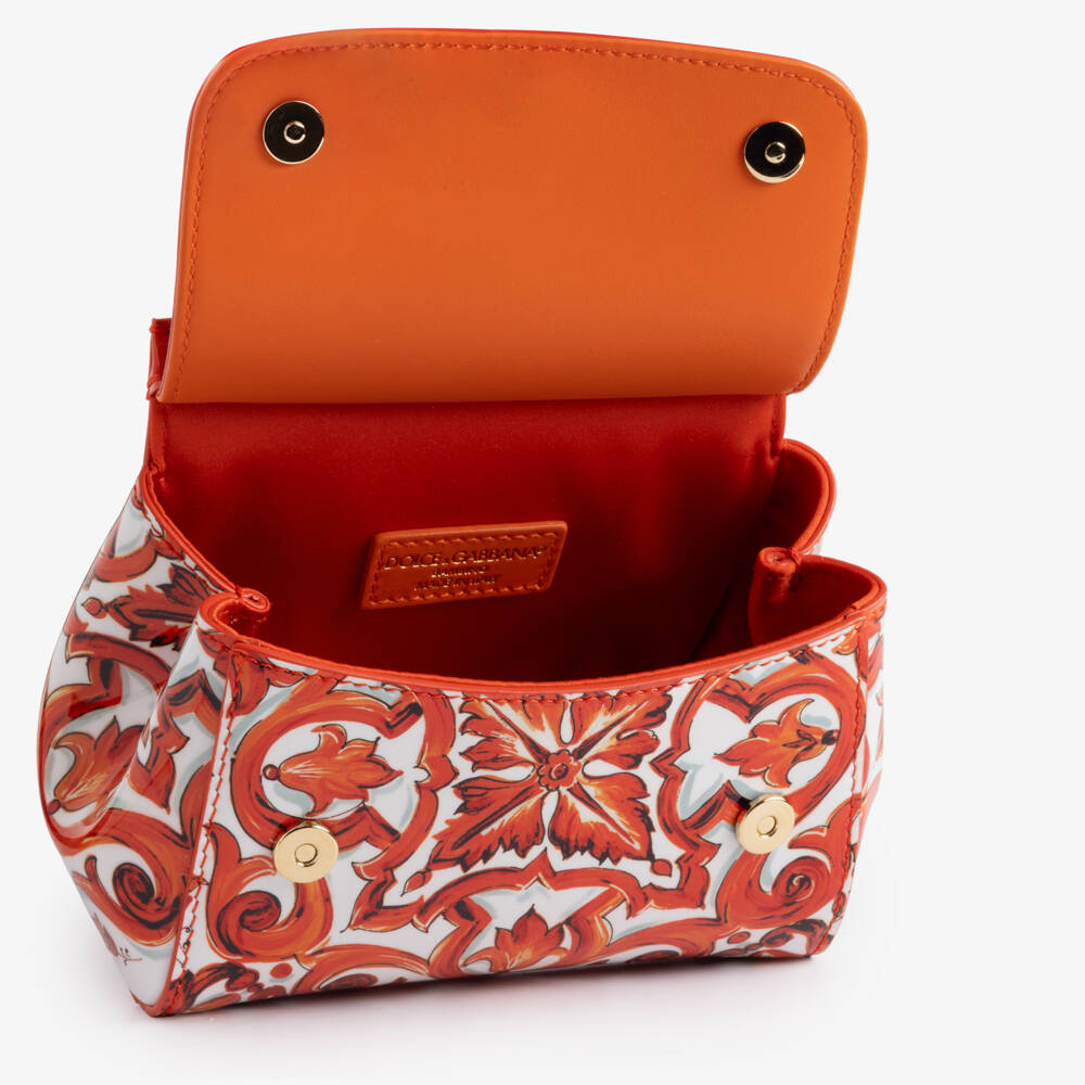Dolce & Gabbana-Girls Orange Majolica Print Patent Leather Sicily Bag (14cm) | Childrensalon