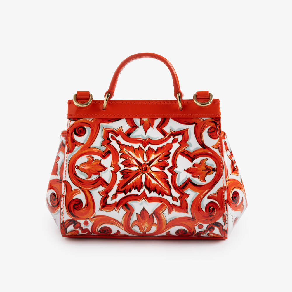 Dolce & Gabbana-Girls Orange Majolica Print Patent Leather Sicily Bag (14cm) | Childrensalon