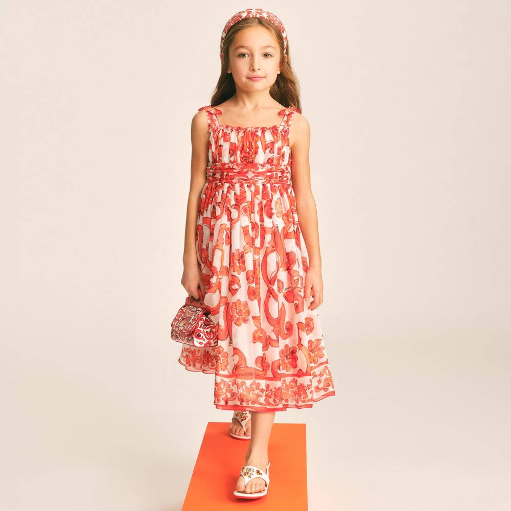 Dolce & Gabbana-Girls Orange Majolica Print Patent Leather Sicily Bag (14cm) | Childrensalon