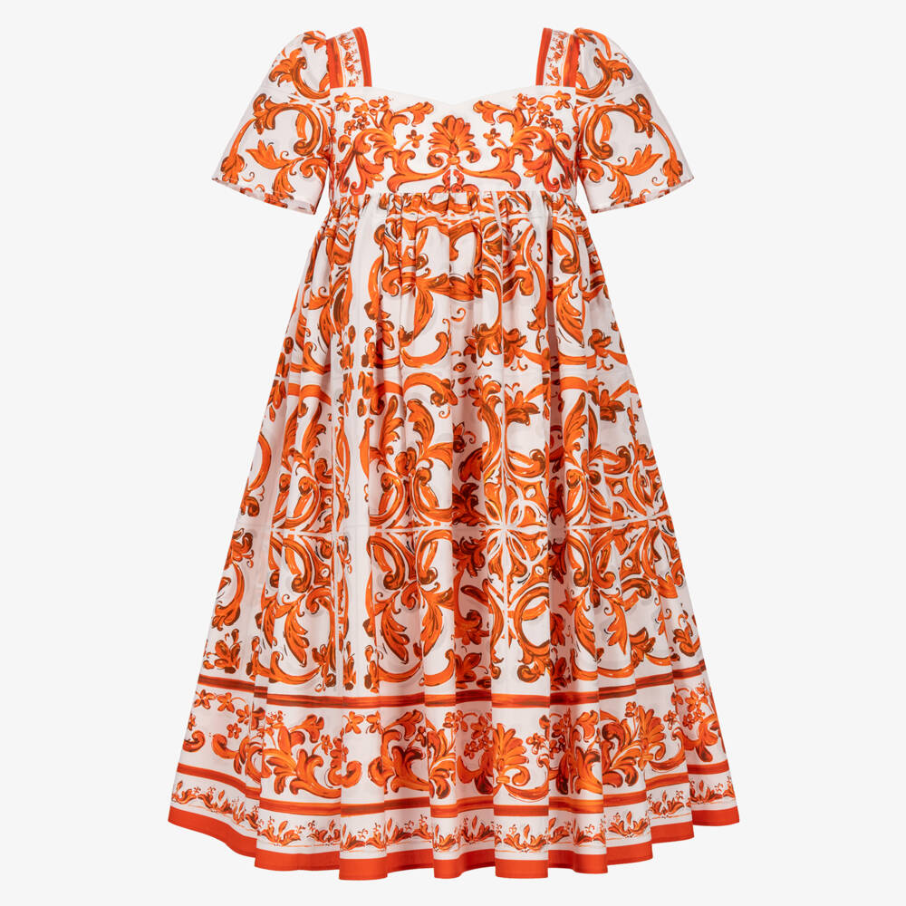 Dolce & Gabbana-Girls Orange Majolica Print Poplin Dress | Childrensalon