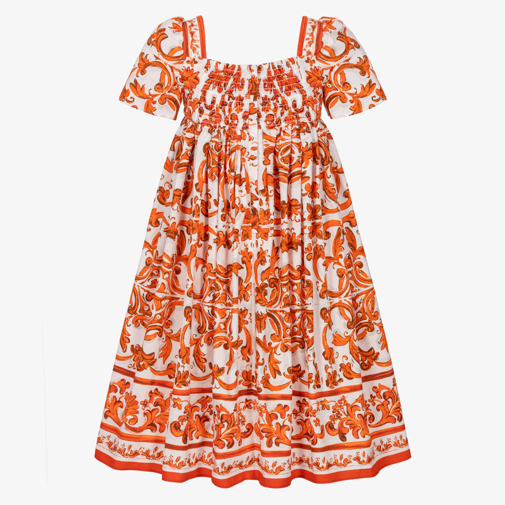Dolce & Gabbana-Girls Orange Majolica Print Poplin Dress | Childrensalon