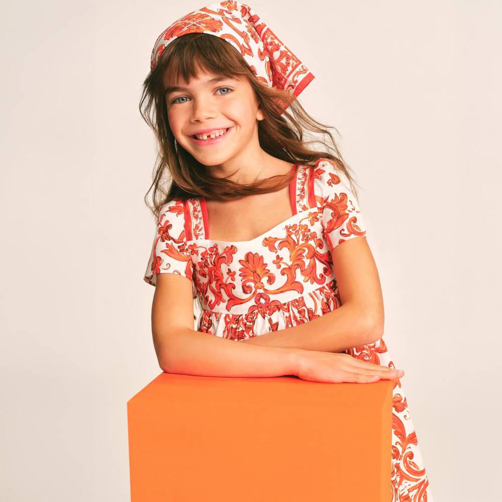 Dolce & Gabbana-Girls Orange Majolica Print Poplin Dress | Childrensalon